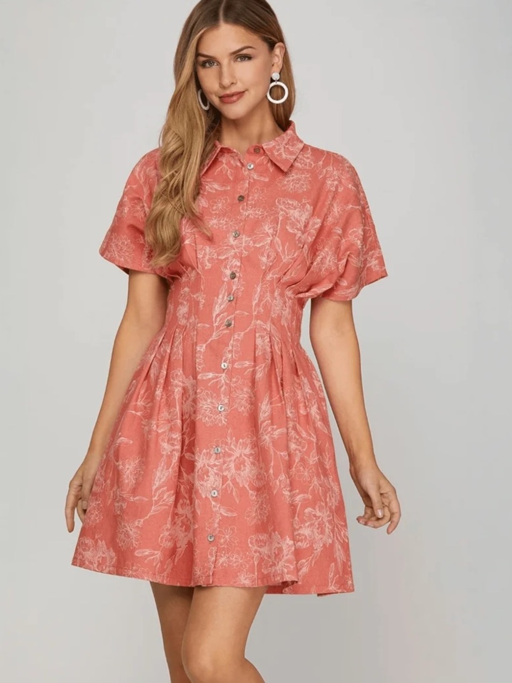 She + Sky Denim Coral Floral Button-Front Denim Dress Large Worn Once!